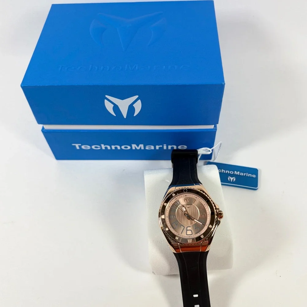 TechnoMarine Watch Lusso Mare Rose Gold TM-225049 GXP Black Silicone Watch New